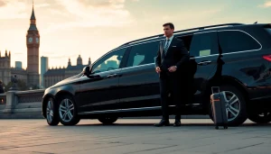 Luxury chauffeur service london featuring a professional chauffeur and elegant vehicle in front of London landmark.
