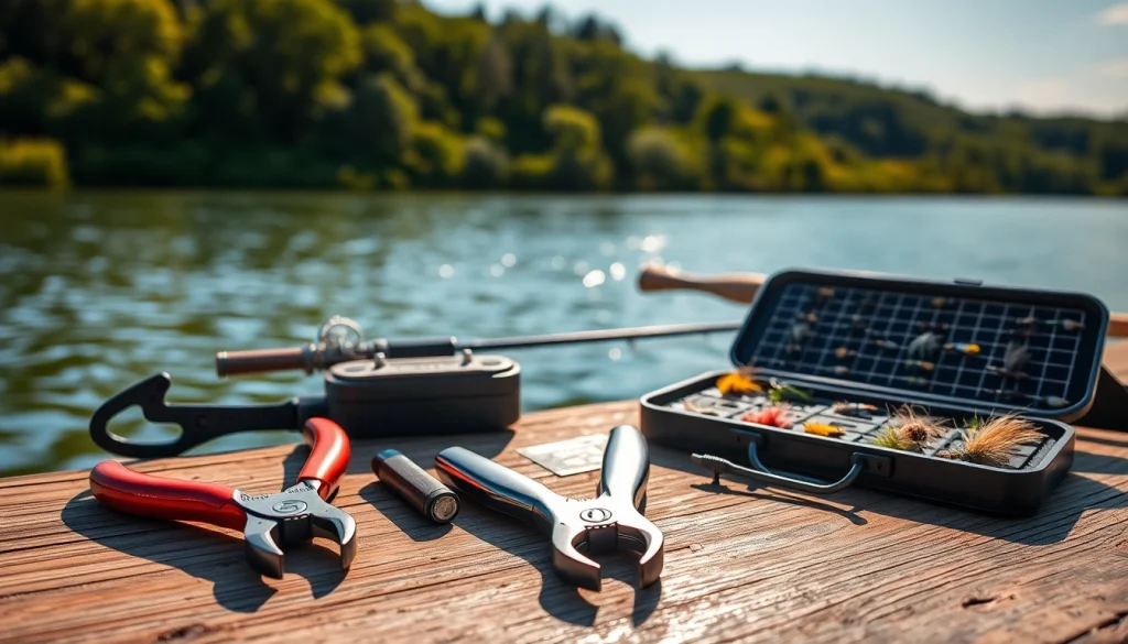 Engaging fly fishing accessories displayed creatively on a serene lake backdrop.