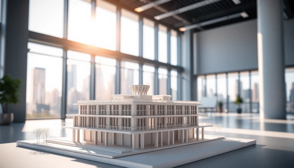 3d visualisierung eines architektonischen Modells in einem modernen Büro mit Stadtsicht