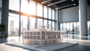 3d visualisierung eines architektonischen Modells in einem modernen Büro mit Stadtsicht