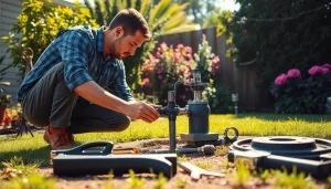 Technician performing well pump replacement in a sunny backyard, showcasing expertise and professionalism.